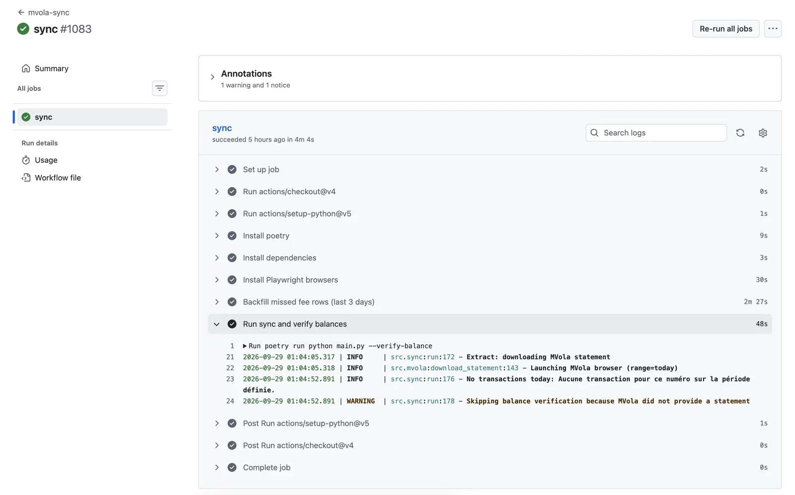 Une exécution de MVola Wallet Sync sur GitHub Actions, avec son journal de synchronisation