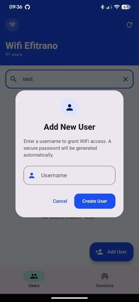 L'application Android d'administration de Wifi Efitrano, pendant l'ajout d'un utilisateur